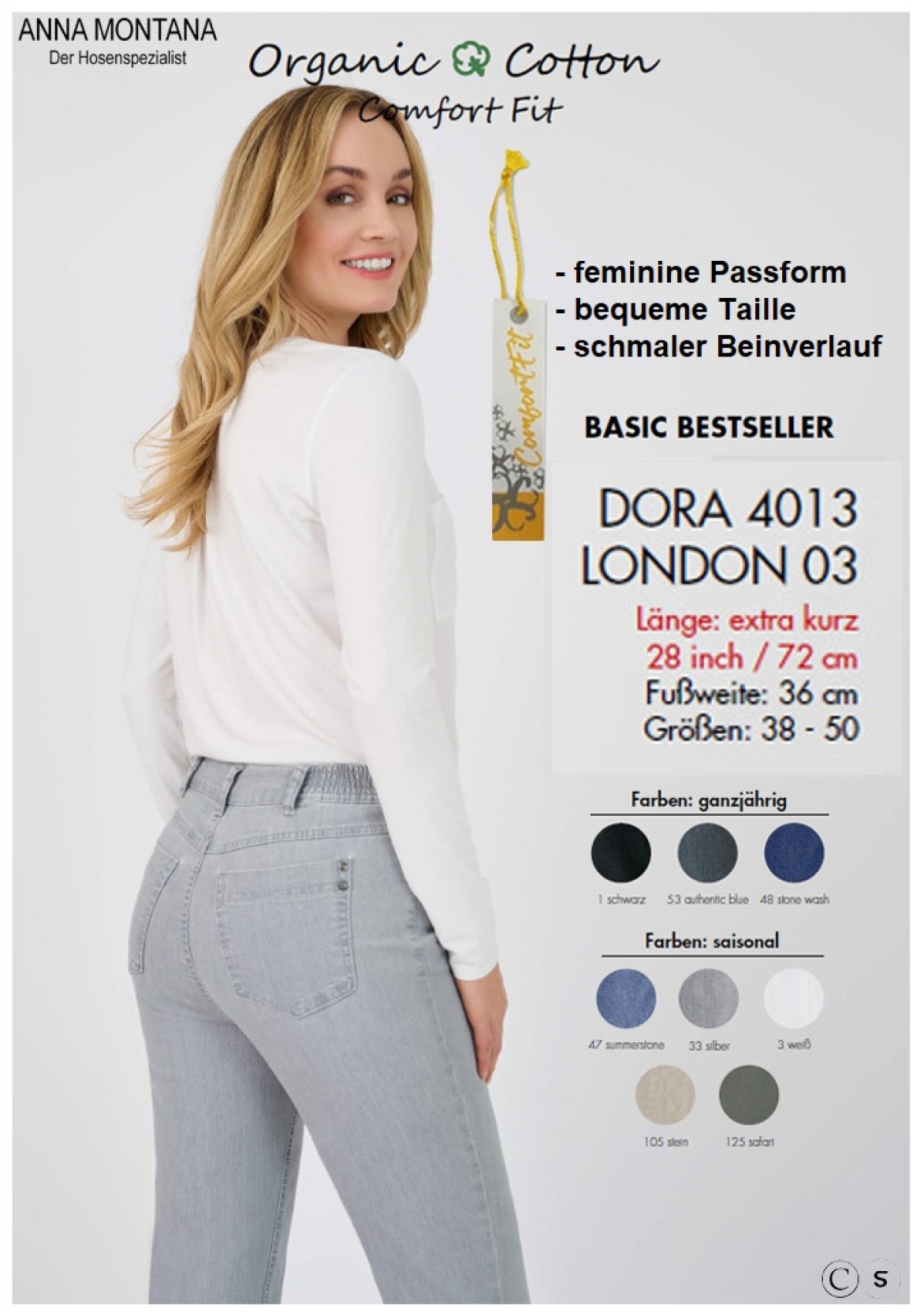 Dora 4013 Kurzgrößen  Hosen/Jeans mit kleinem seitlichen Gummizug am Bund bis Größe 50 / ANNA MONTANA